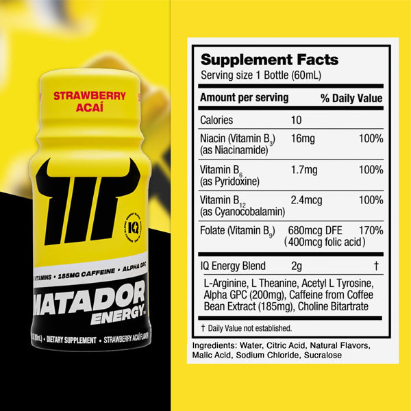Close-up of the Matador energy shot highlighting its nootropic ingredients.
