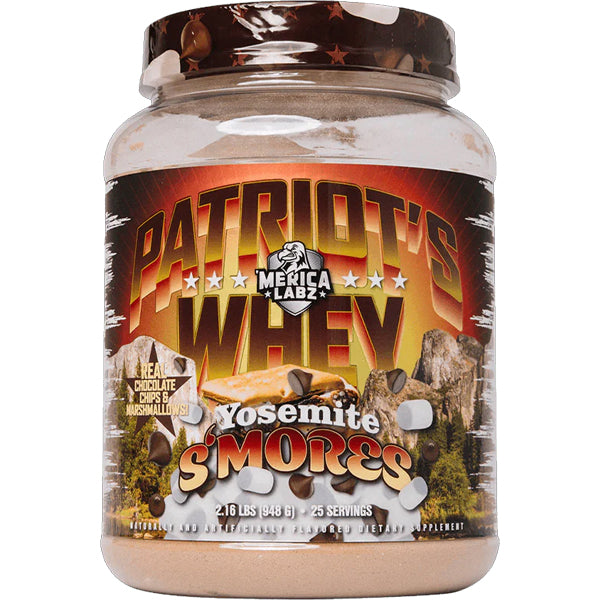 Packaged Patriot’s Whey protein powder with American flag design, showcasing quality and patriotism.