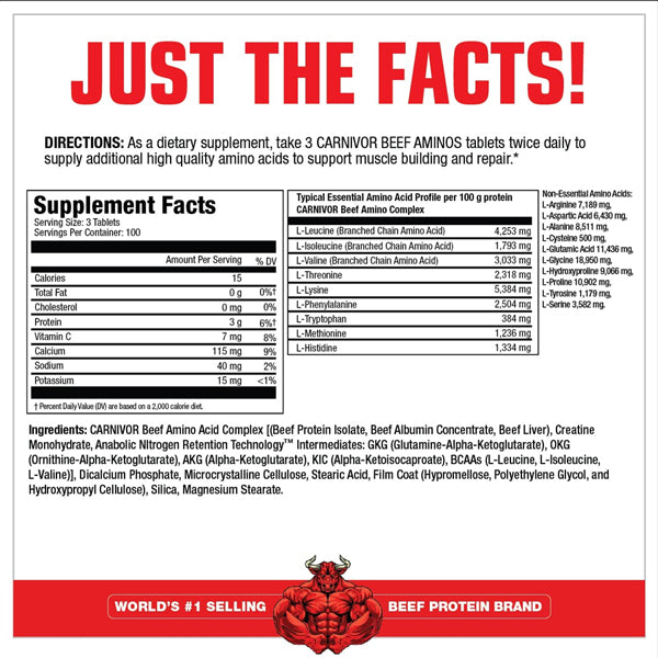 Bottle of Carnivor Ultra Beef Aminos Tablets on a fitness bench, highlighting its benefits.