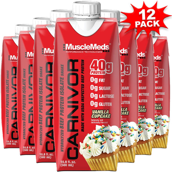 Carnivor beef protein isolate shake displayed on a table, showcasing its packaging and nutritional benefits.