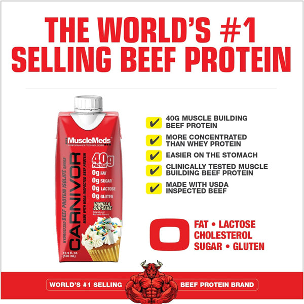 Carnivor beef protein isolate shake displayed on a table, showcasing its packaging and nutritional benefits.