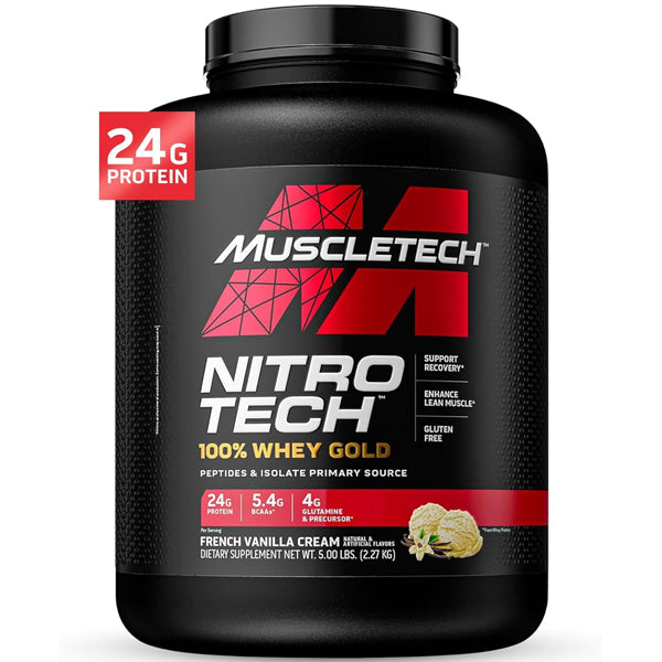 MuscleTech Nitro Tech 100% Whey Gold protein jar with label highlighting lean muscle support