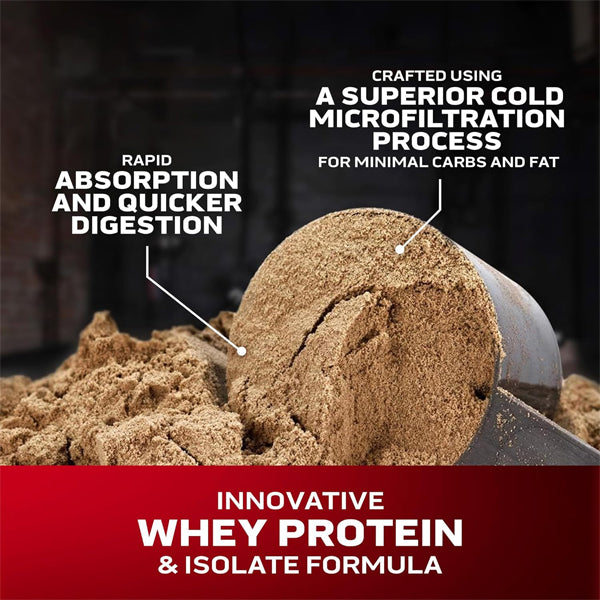 Close-up of scoop of whey protein supplement with fresh water