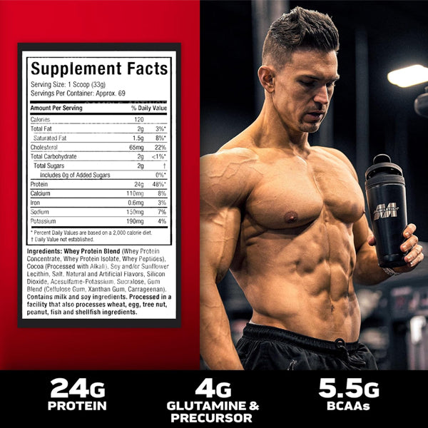 MuscleTech Nitro Tech 100% Whey Gold protein jar with label highlighting lean muscle support