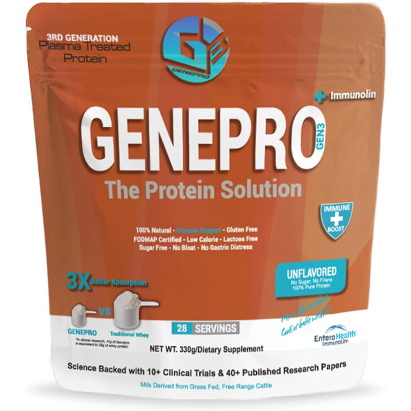 Genepro Gen3 Protein powder in container, highlighting high absorbency and low gastric impact