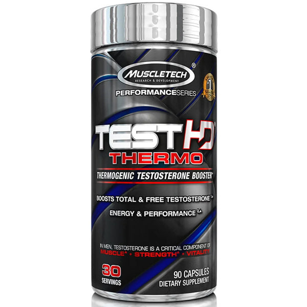 MuscleTech Test HD Thermo Capsules in sleek bottle, promoting muscle building and testosterone boosting benefits