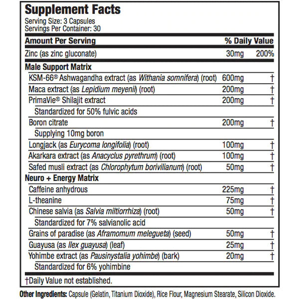 Close-up of capsules highlighting ingredients for testosterone boost and thermogenesis support
