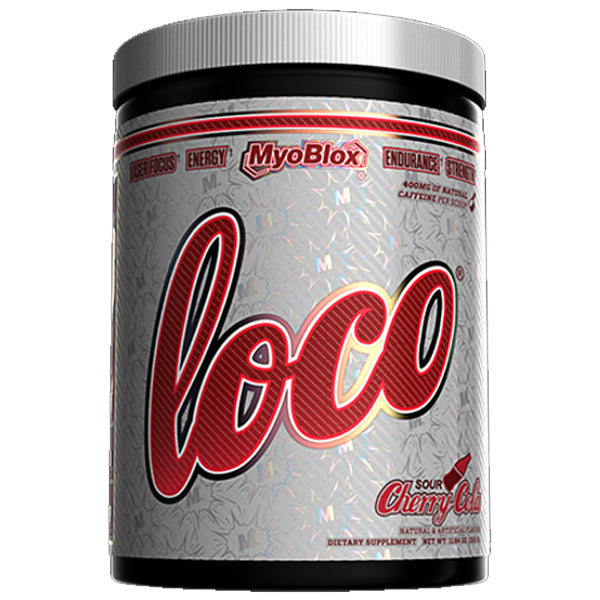 Front view of Loco Surge Pre-Workout tub on a gym bench — ideal energy supplements for weight training