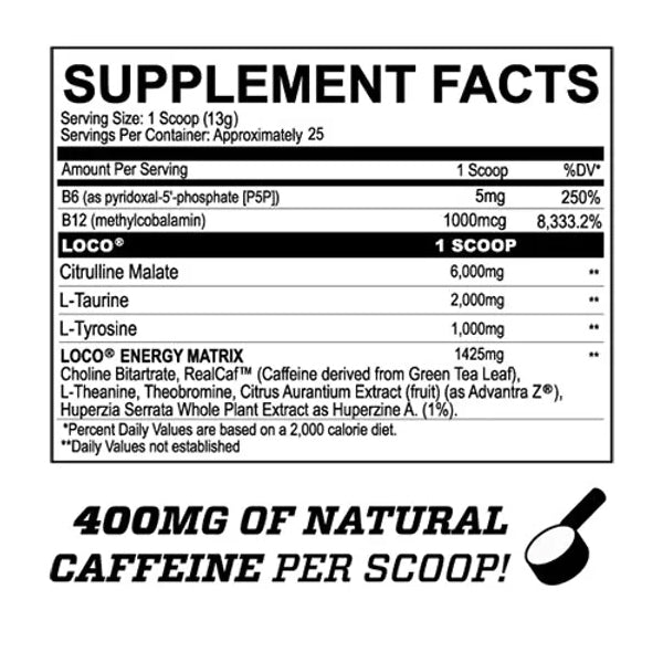Scoop of Loco Surge Pre-Workout being mixed before intense workout — powerful muscle pump formulation