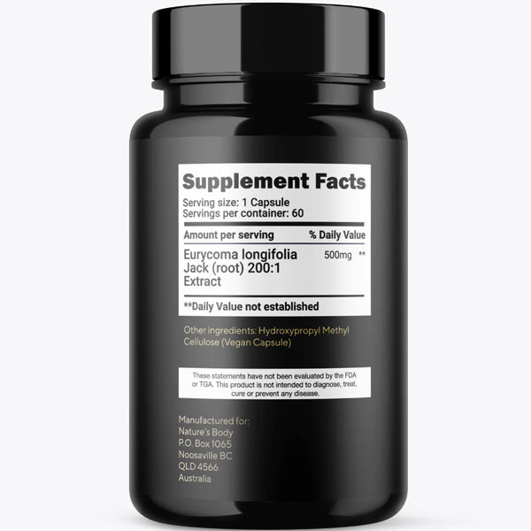 Display of Vitality Boost Tongkat Ali Capsules with natural ingredients in the background.