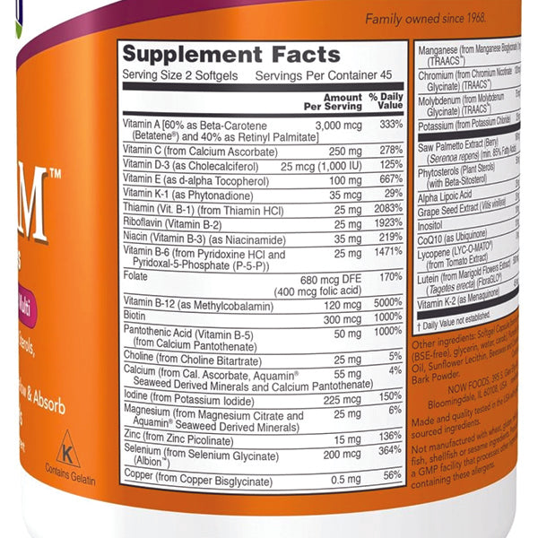 Close-up of VitalMan Mens Multivitamin Softgels highlighting the saw palmetto and CoQ10 ingredients.