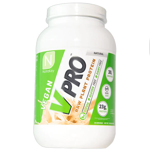 V Pro Complete Plant Protein Blend displayed with fresh fruits and vegetables, highlighting its natural ingredients.