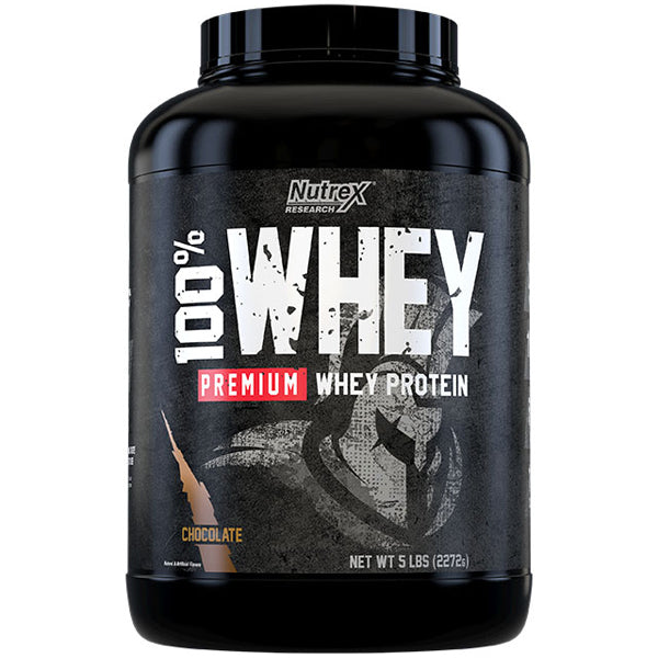 Close-up of Nutrex whey protein scoop with a creamy shake background