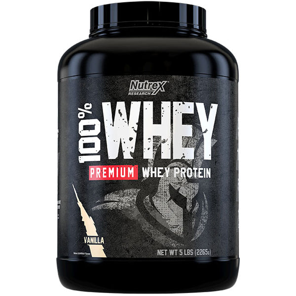 Person mixing Nutrex whey protein powder into a smoothie for muscle recovery