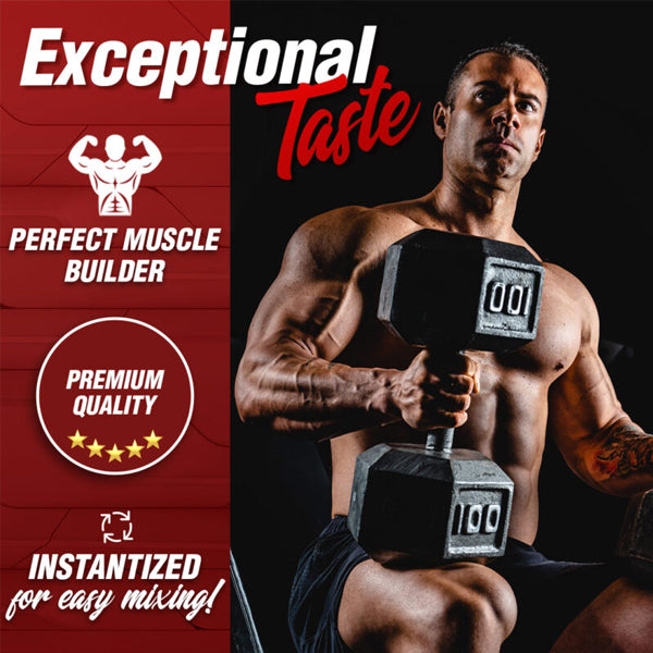 Close-up of Nutrex whey protein scoop with a creamy shake background