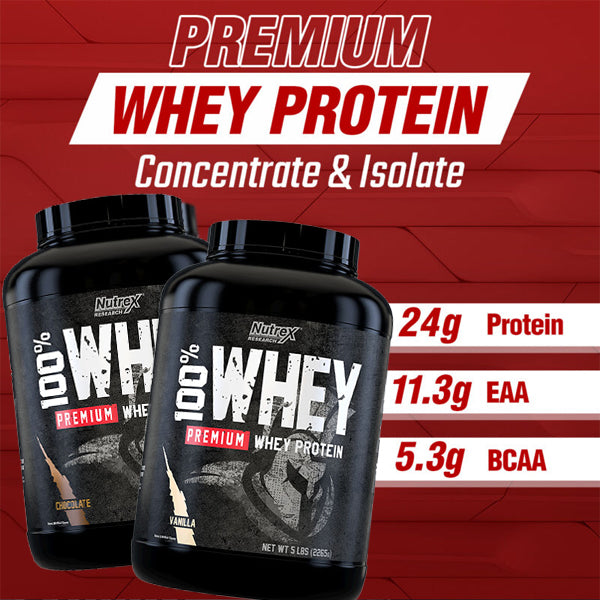 Container of Nutrex whey protein supplement highlighting the 5lbs size and premium quality