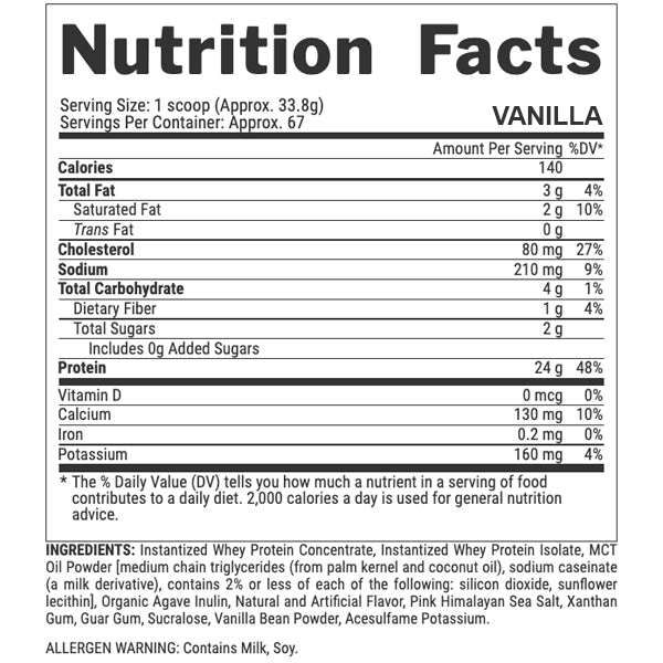 Close-up of Nutrex whey protein scoop with a creamy shake background