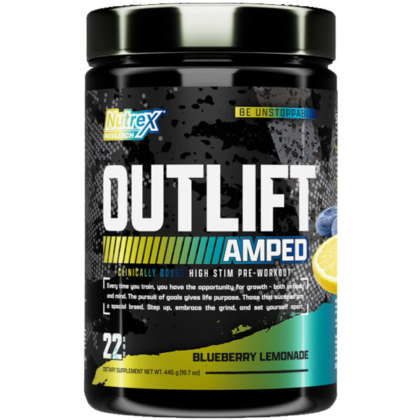 Nutrex Outlift Amped Pre-Workout container showcasing its vibrant packaging and key ingredients.