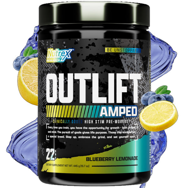 Nutrex Outlift Amped Pre-Workout container showcasing its vibrant packaging and key ingredients.
