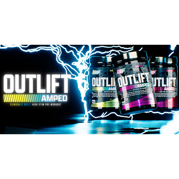 Nutrex Outlift Amped Pre-Workout container showcasing its vibrant packaging and key ingredients.