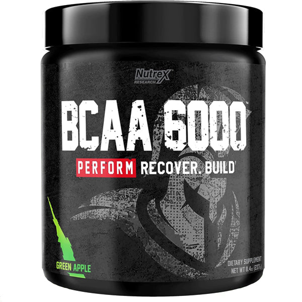 Nutrex BCAA 6000 supplement bottle highlighting muscle recovery benefits