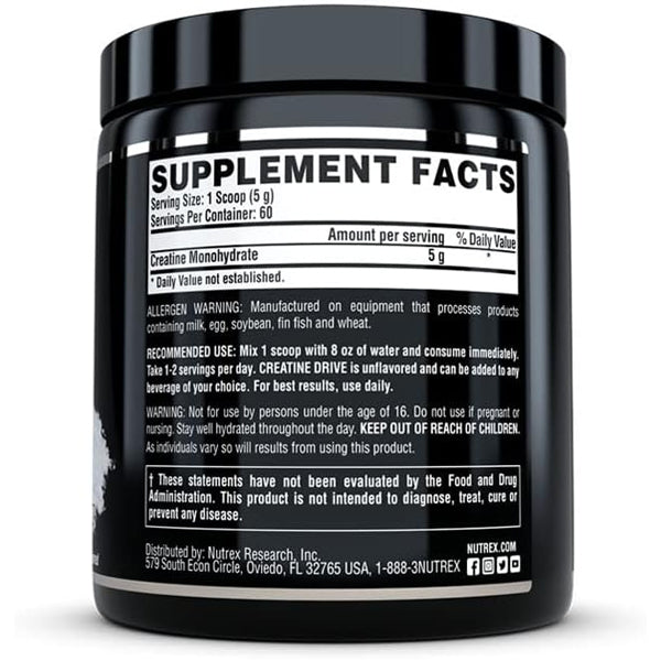 Container of Nutrex Creatine Drive on gym bench, ready for use