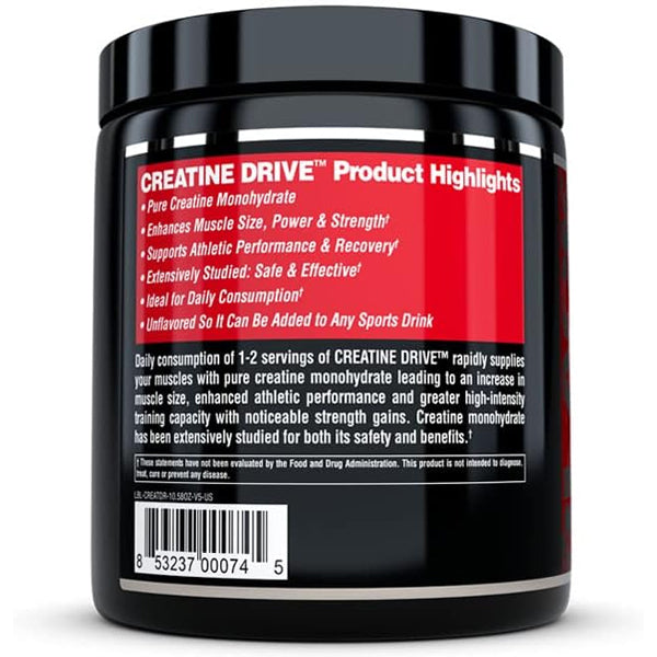 Close-up of Nutrex Creatine Drive micronized creatine powder for muscle gain