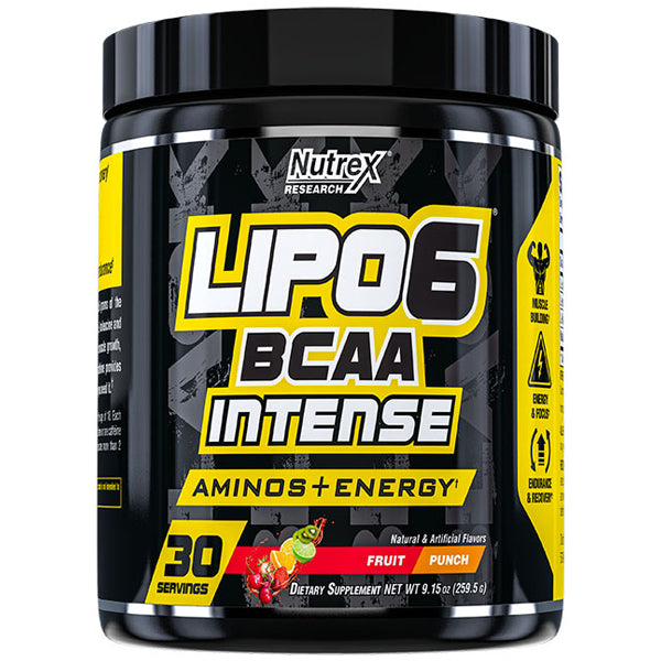 Close-up of Nutrex Lipo-6 BCAA Intense powder in a shaker bottle for muscle recovery