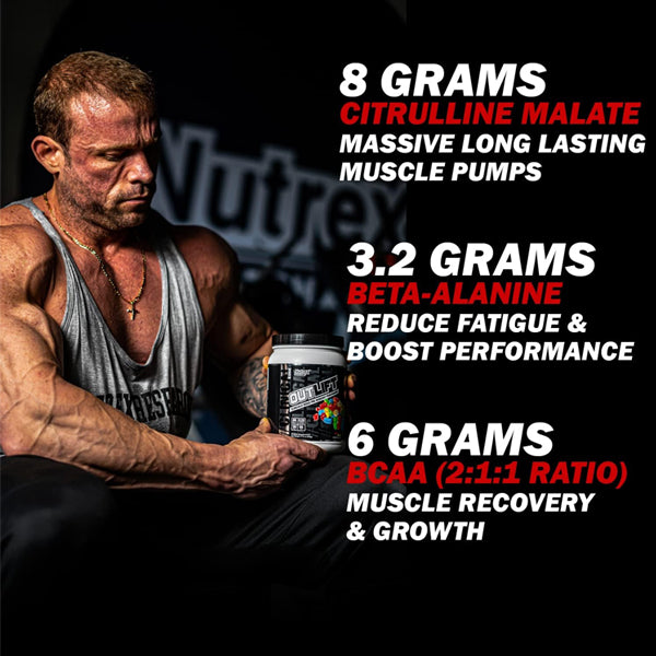 Nutrex Outlift pre-workout powder in scoop, highlighting energy-boosting ingredients