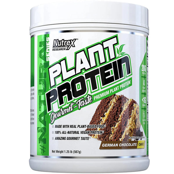 Nutrex plant protein powder showcasing its gourmet flavor and packaging, perfect for a fitness routine.
