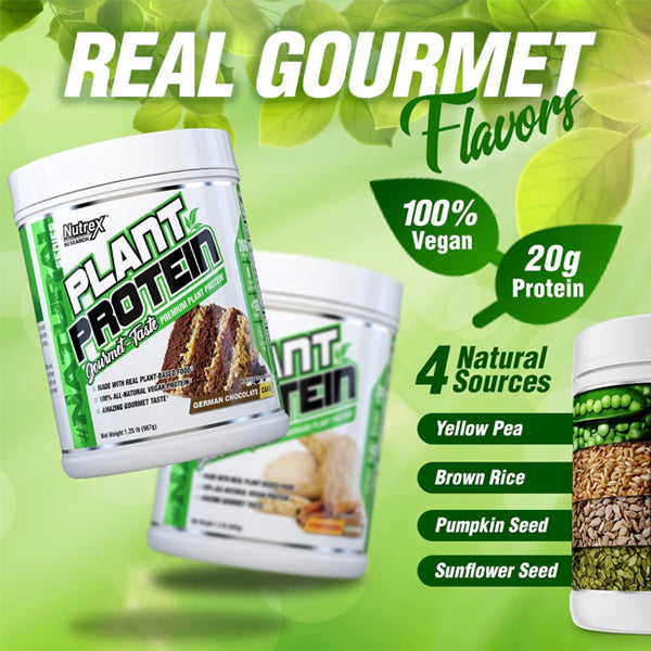 A scoop of Nutrex vegan protein powder displayed on a kitchen counter, highlighting its premium ingredients.