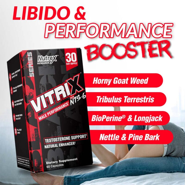 Close-up of VITRIX bottle highlighting the unique NTS-6 formula for testosterone support.