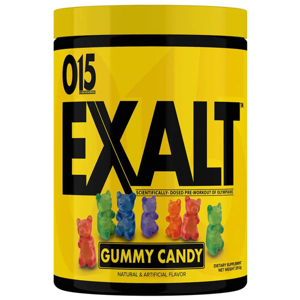 O15 Exalt pre-workout powder in container for enhanced muscle gain