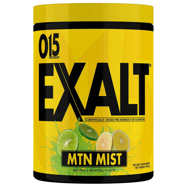Close-up of O15 Exalt pre-workout label highlighting ingredients