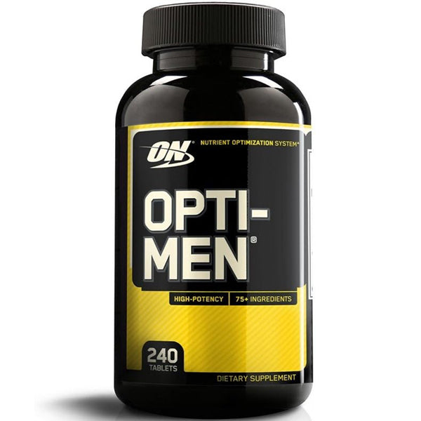 Optimum Nutrition Opti-Men multivitamins in bottle with active men working out