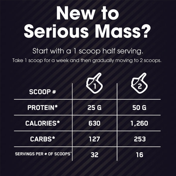 Close-up of Serious Mass Protein Powder packaging showcasing its nutritional benefits.
