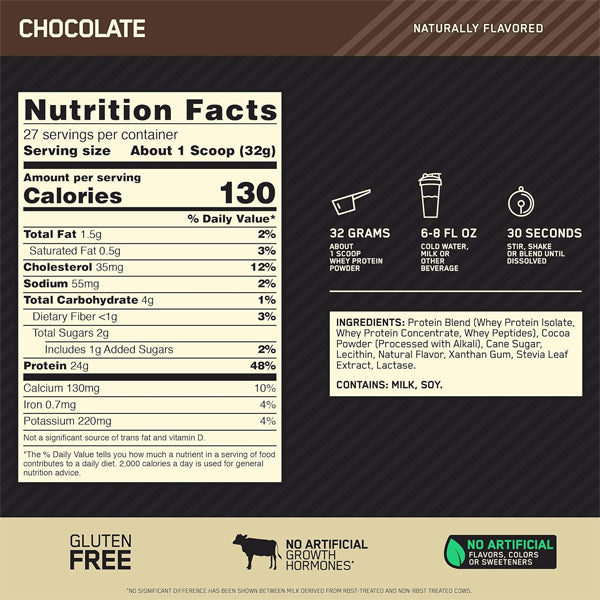 Container of Optimum Nutrition Gold Standard whey protein powder with natural flavor packaging