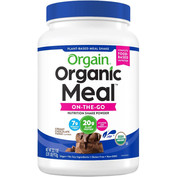 Organic plant-based meal replacement powder in a jar, ideal for on-the-go nutrition