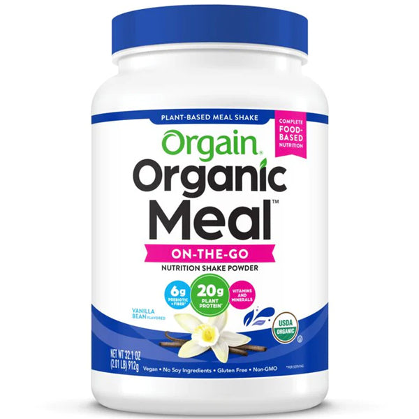 High protein vegan meal powder blended into a smoothie for quick nutrition