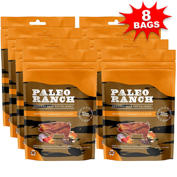 A bowl of bacon jerky served as a savory snack, emphasizing its natural ingredients and high protein content