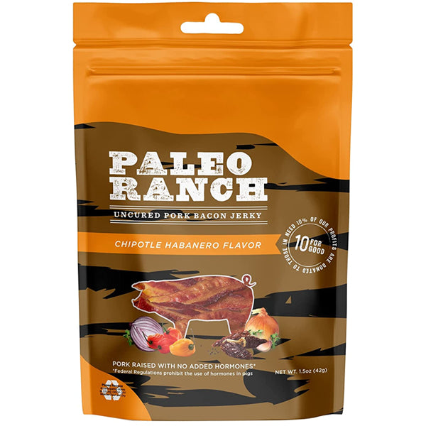 A bowl of bacon jerky served as a savory snack, emphasizing its natural ingredients and high protein content