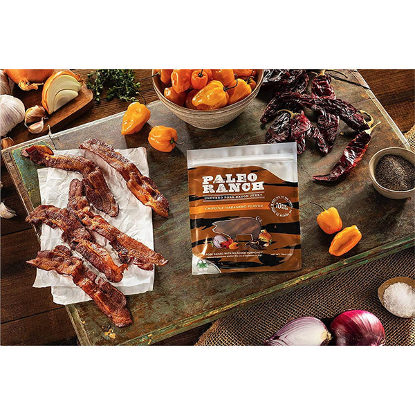 A bowl of bacon jerky served as a savory snack, emphasizing its natural ingredients and high protein content