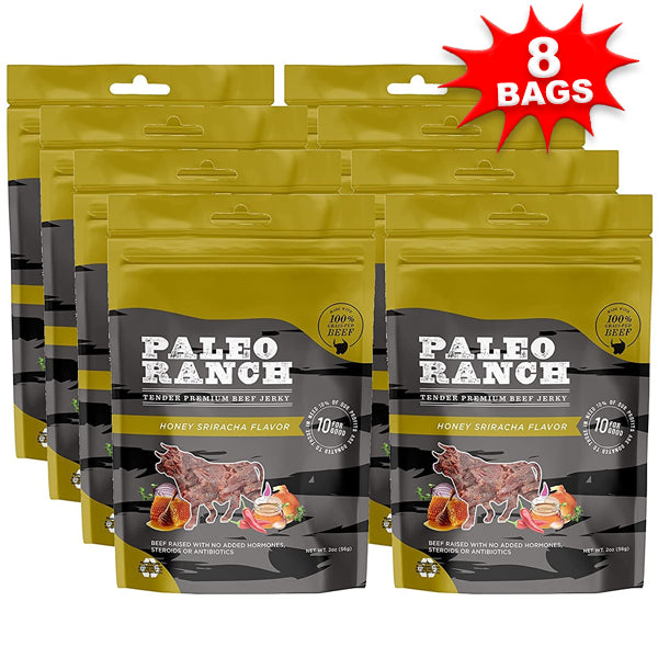 Close-up of Paleo Ranch beef jerky pieces, highlighting the texture and quality.