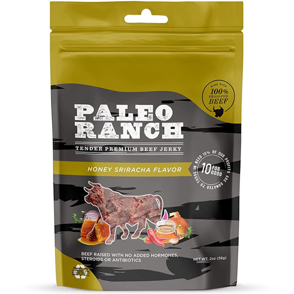 Paleo Ranch beef jerky displayed in a natural outdoor setting, perfect for hiking snacks.