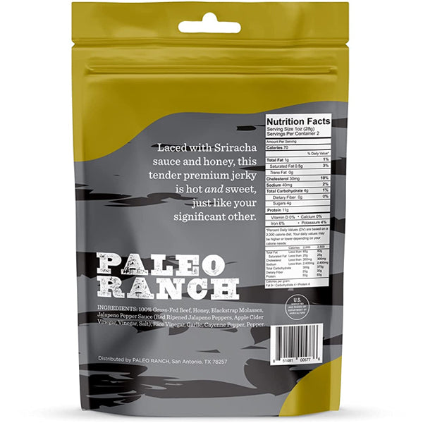 Paleo Ranch beef jerky pack with a backdrop of fresh ingredients showcasing its all-natural appeal.