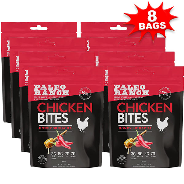 Front view of Primal Peak Chicken Bites pouch displaying paleo snack details