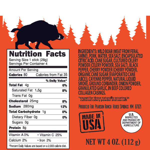 Premium wild boar snack sticks with hickory smoked flavor, perfect for on-the-go protein.