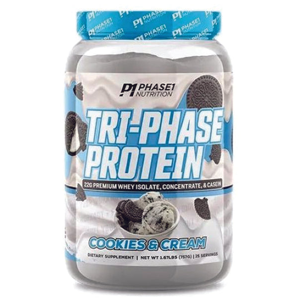 Packet of Phase1 Tri-Phase Protein Blend showing brand logo and ingredients