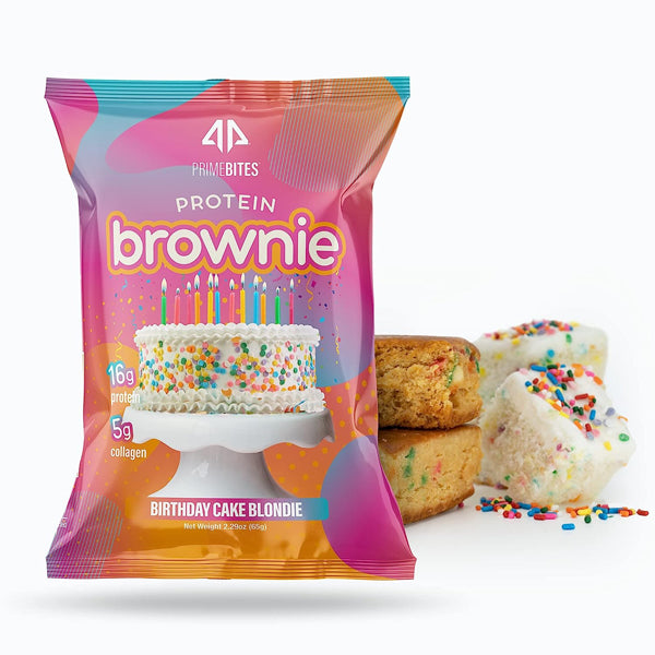 Assorted Prime Bites protein brownies with packaging, showcasing low sugar treats for diabetics
