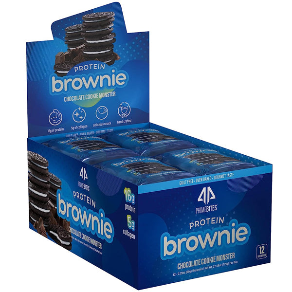Prime Bites protein brownies in gourmet flavors, ideal for healthy snacks and weight management
